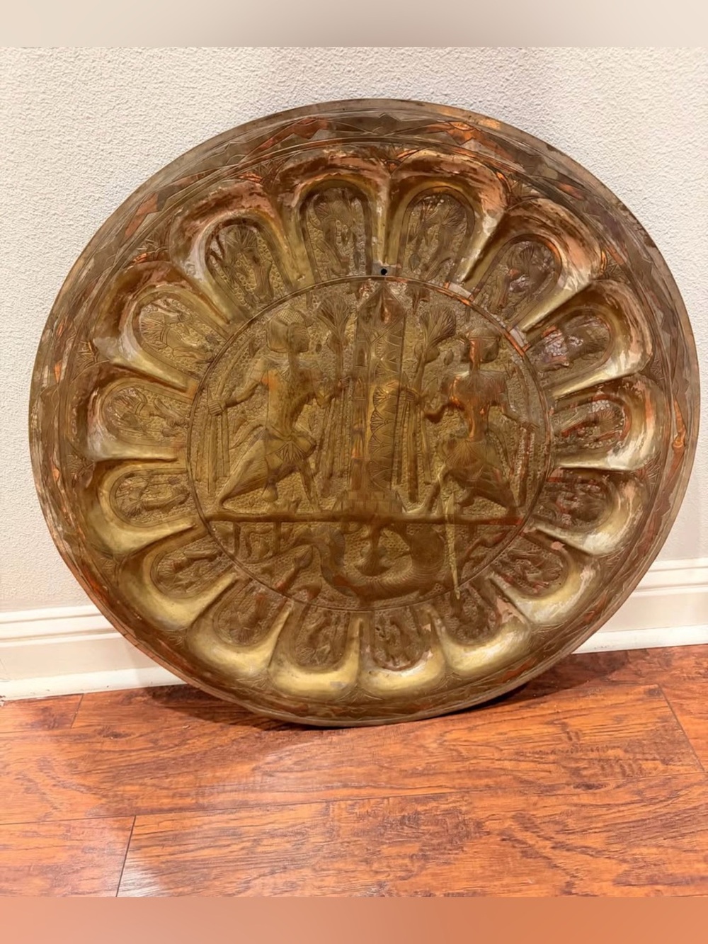 Vintage African Brass Copper Repoussé Wall Charger 28” Tribal Art Decor